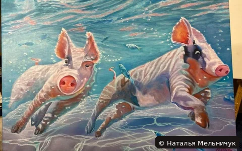 Картина «Свинки в море»: две весёлые свинки плывут под водой среди рыбок