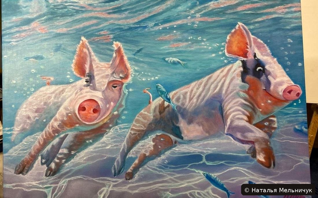 Картина «Свинки в море»: две весёлые свинки плывут под водой среди рыбок